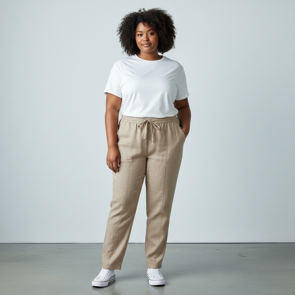 Calvin Klein Tapered Pants Women Size 10 Tan Linen Blend Drawstring Waist